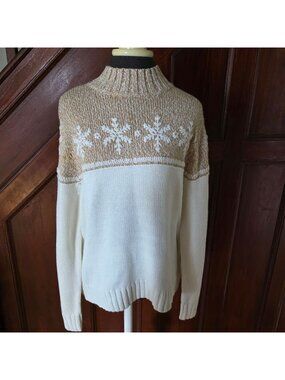 Norton McNaughton Beige & White Snowflake Knit Sweater Size M Winter Pullover